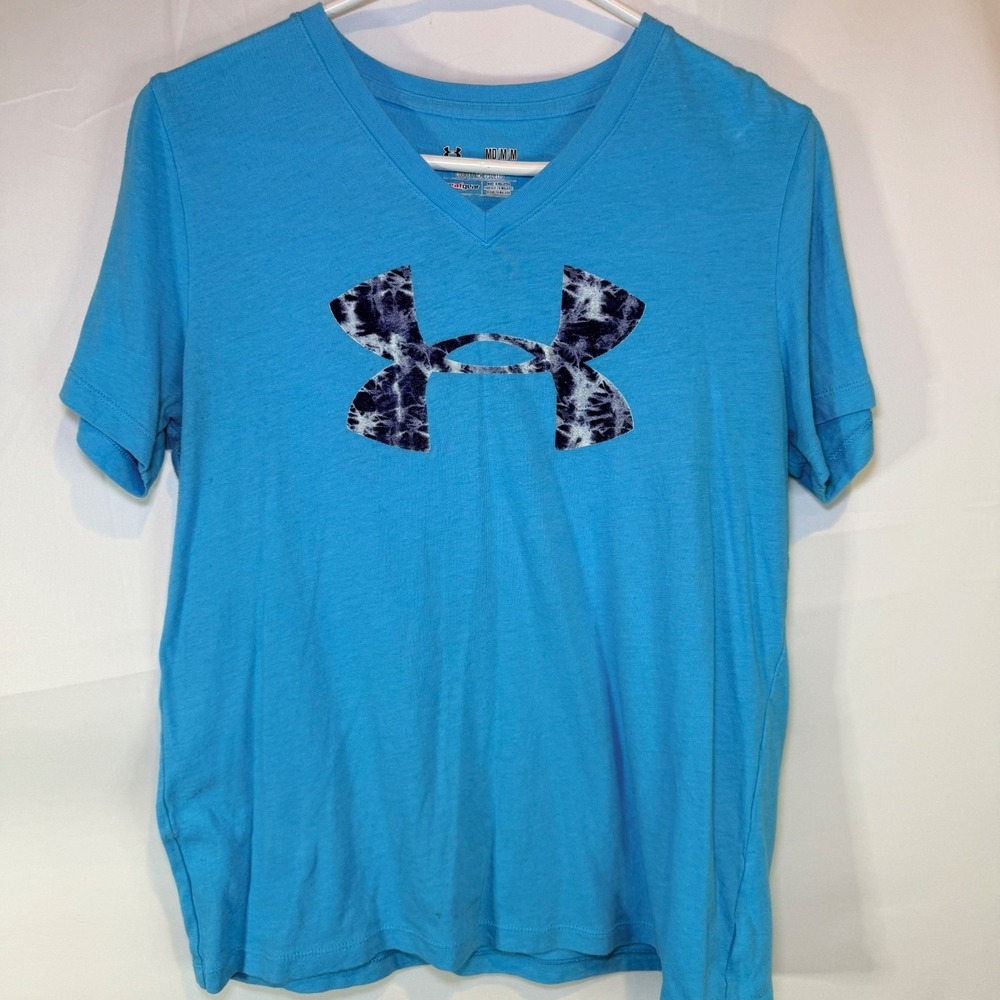Under Armour Women's Top Blue Medium V-Neck HeatGear Tie-Dye Logo